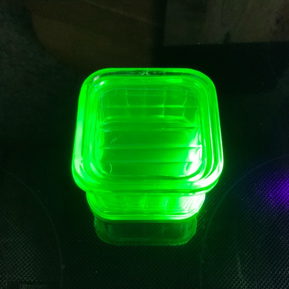 Vintage Uranium Glass Refrigerator Dish With Lid Green Depression 5" 1930 1940